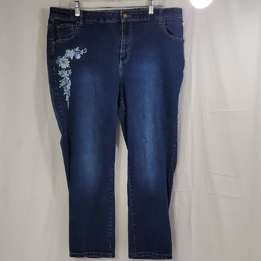 Woman Within Blue Ankle Cropped Jeans with Embroidery